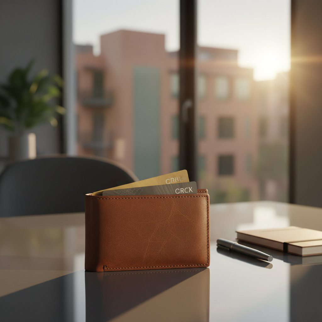 Læder tegnebog med kreditkort på glas skrivebord - betalingsmetoder