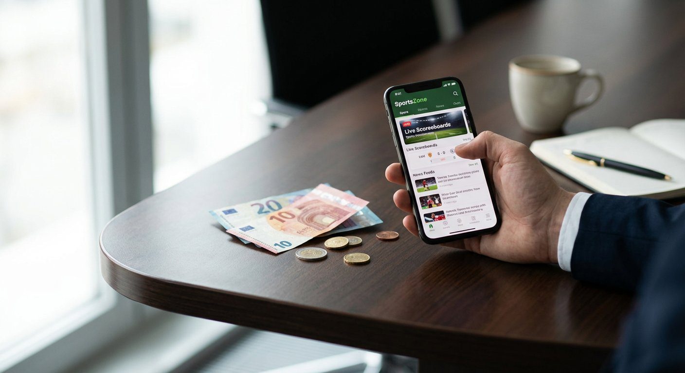 Smartphone med odds betting app og penge på skrivebord