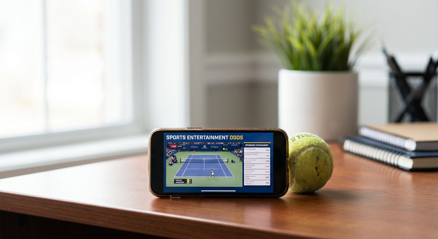 Tennis betting odds på smartphone med tennisbold på træbord